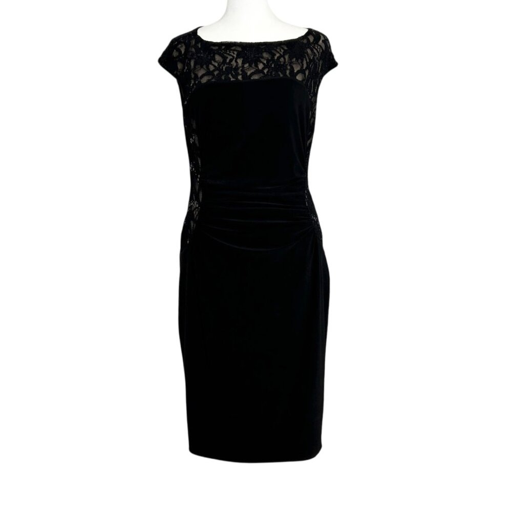 Lauren Ralph Lauren Black Lace Sequin Ruched Evening Cocktail Jersey Dress (8)